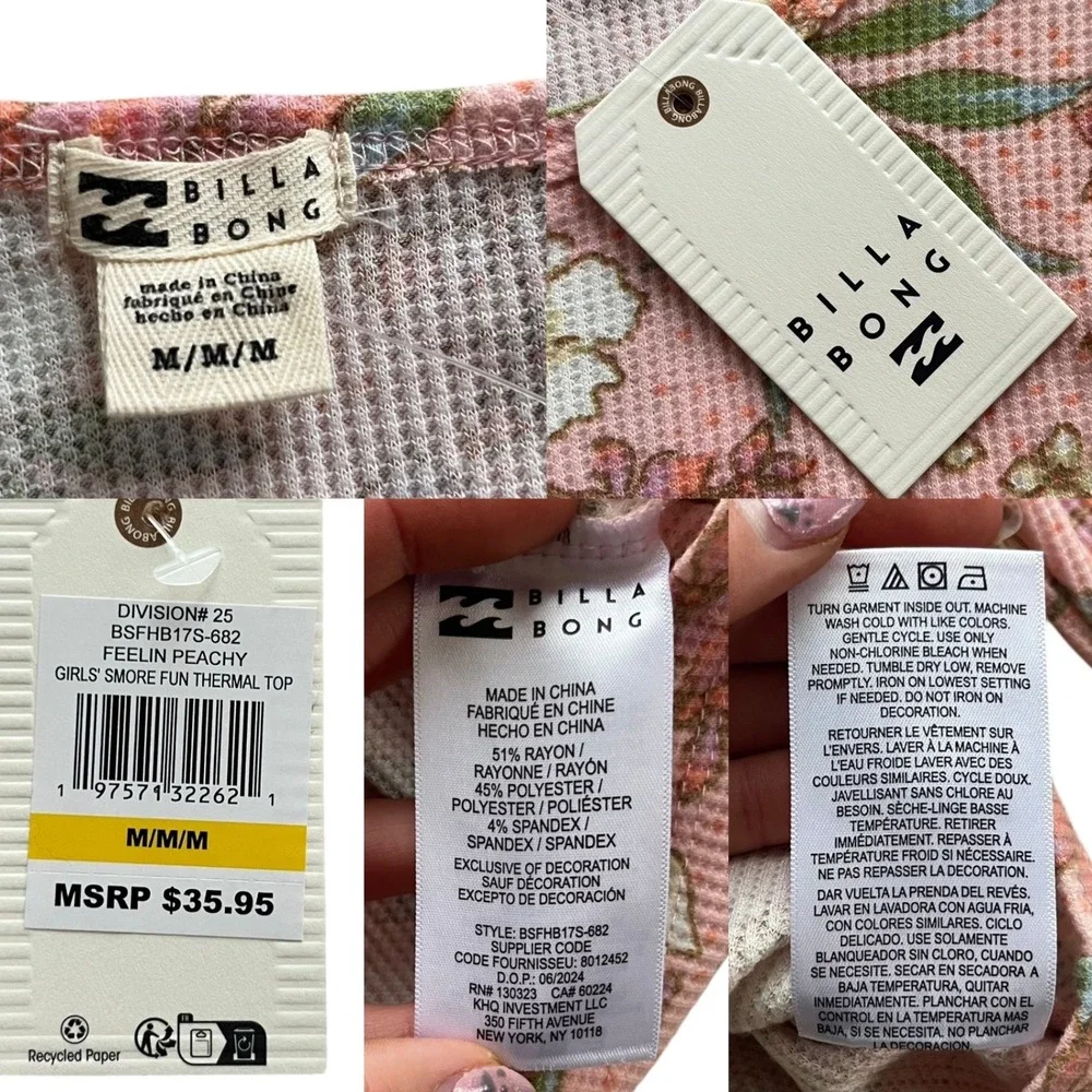 Billabong Girl's Med Pink Feelin Peachy Floral Smore Fun Thermal Long Sleeve Top